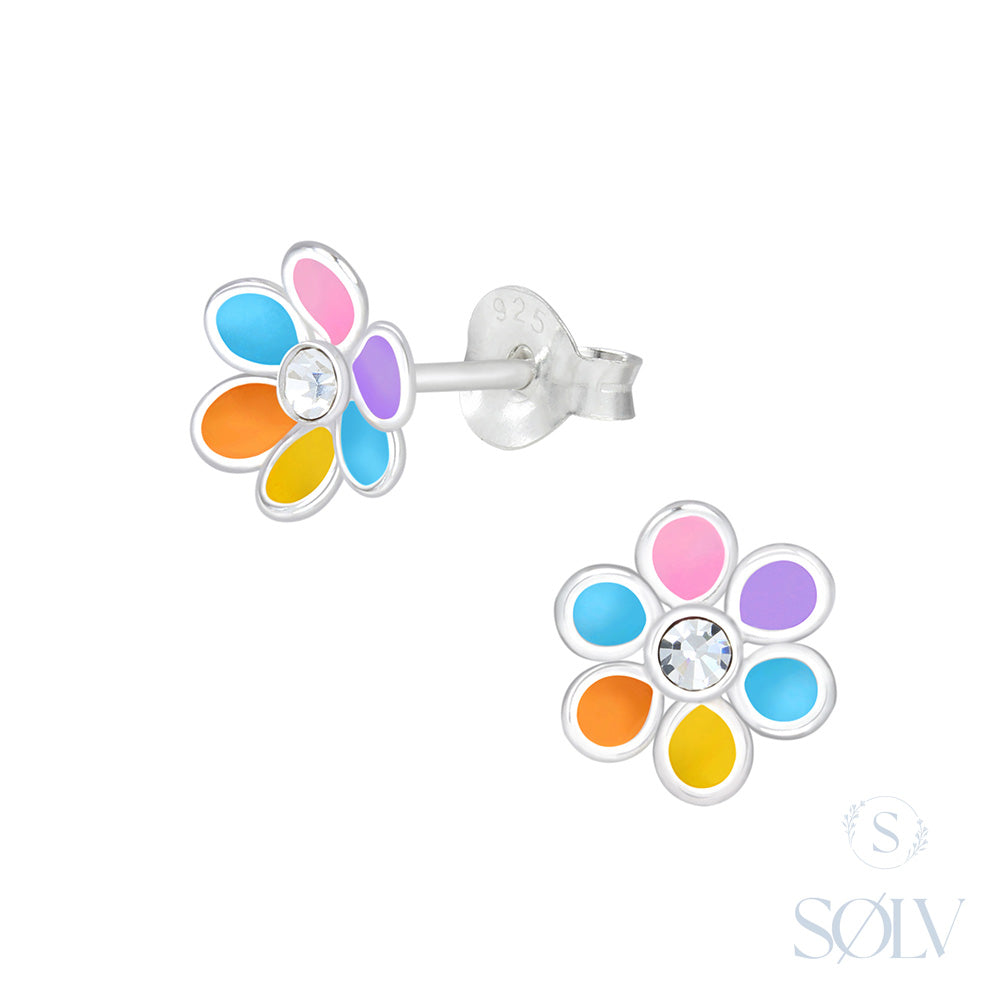 Solv Sterling Silver Flower Enamel Stud Earrings