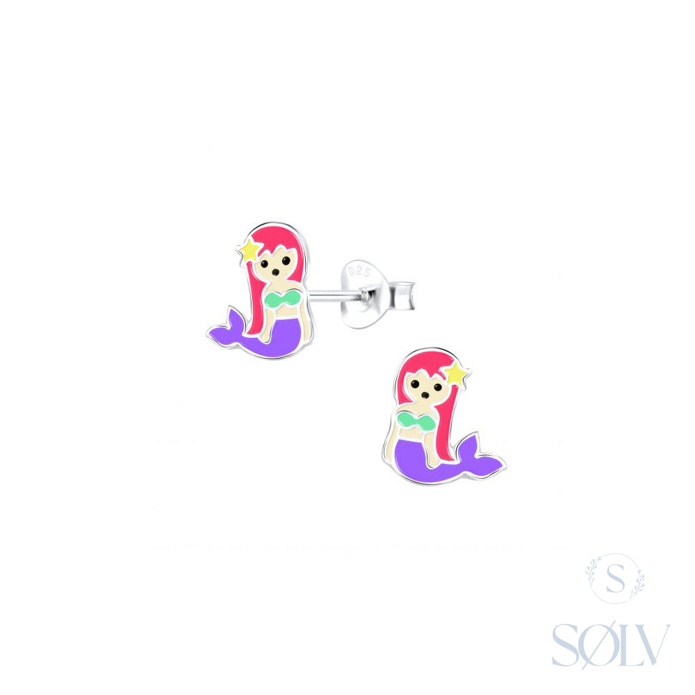 Solv Sterling Silver Enamel Mermaid Stud Earrings