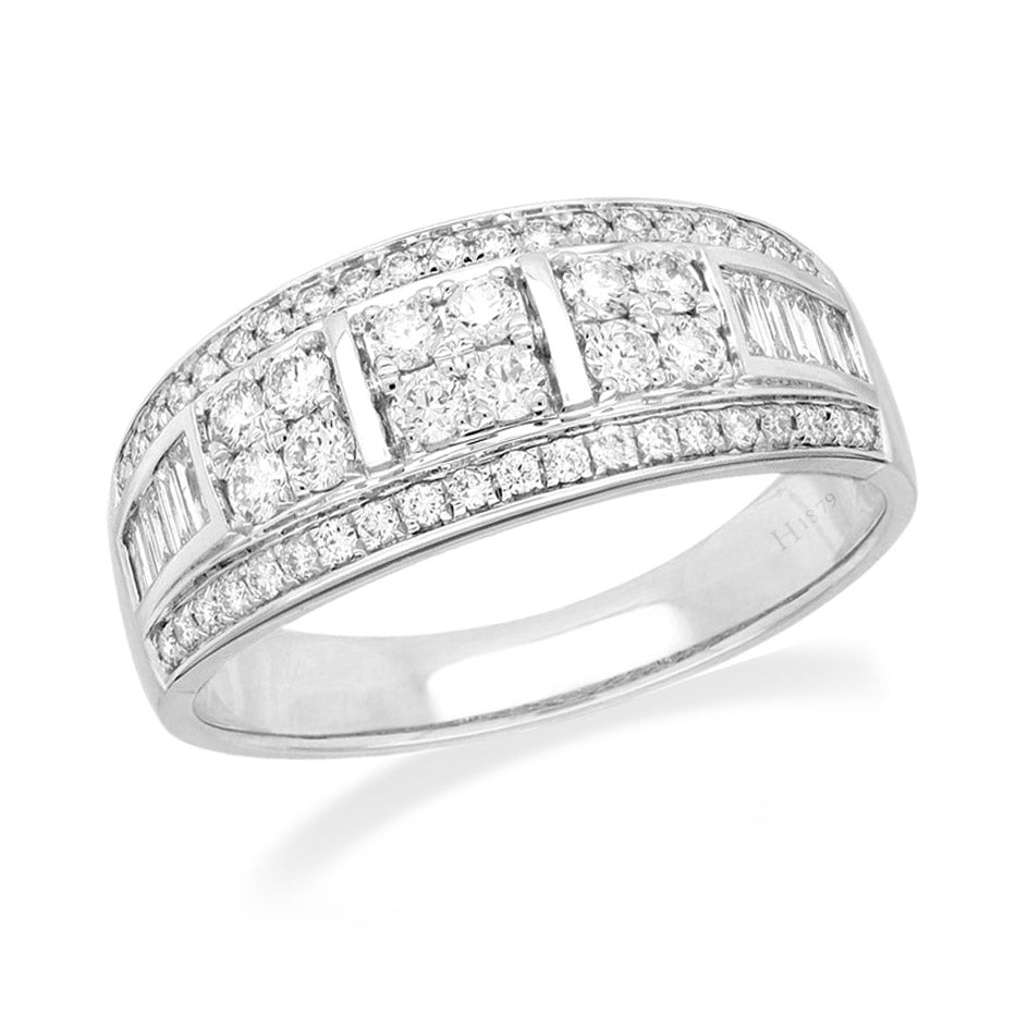 18ct White gold Round Brilliant and Baguette cut Diamond wide dress ring