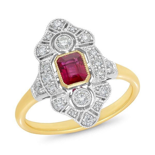 9ct Yellow and White Gold Ruby and Diamond ring, 0.54ct centre