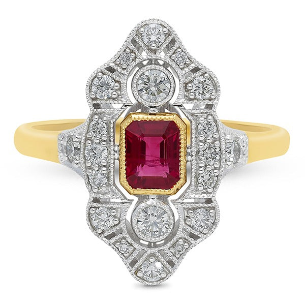 9ct Yellow and White Gold Ruby and Diamond ring, 0.54ct centre