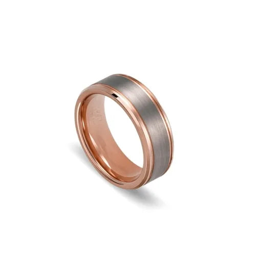 Tungsten Ring with Brushed Grey Centre and Polished Rose Gold Edging, size 12