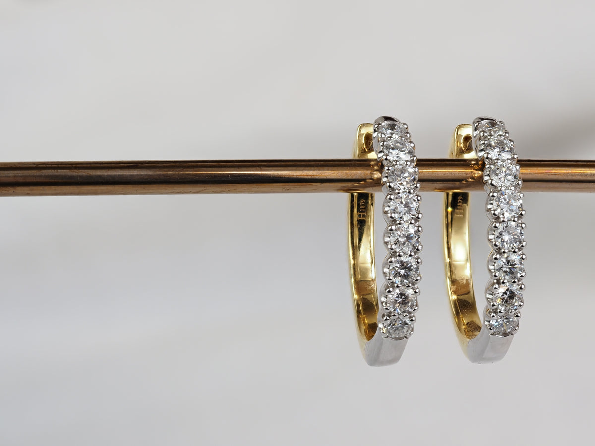 18ct Yellow and White Gold Diamond Oval Huggie Earrings, 1ct Total