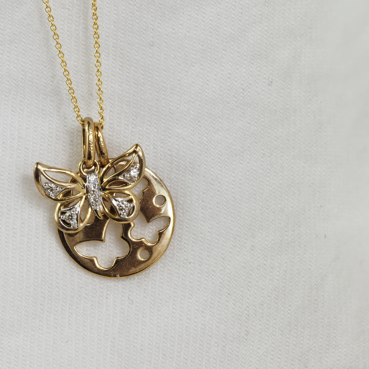 9ct Yellow and White Gold Diamond Set Butterfly And Disc Necklet