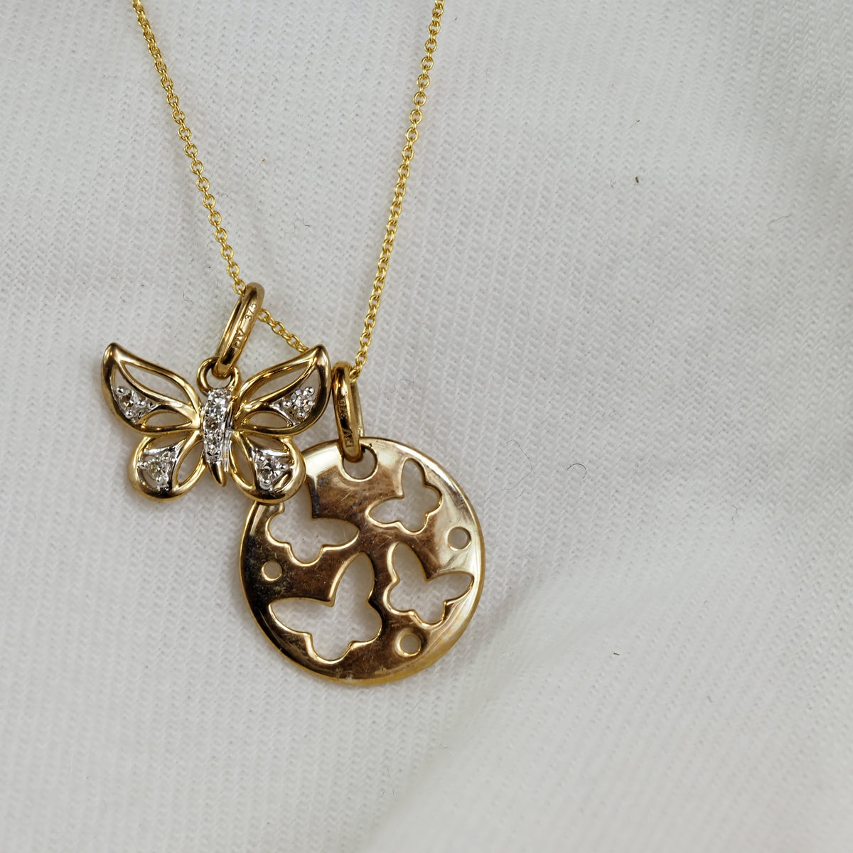 9ct Yellow and White Gold Diamond Set Butterfly And Disc Necklet