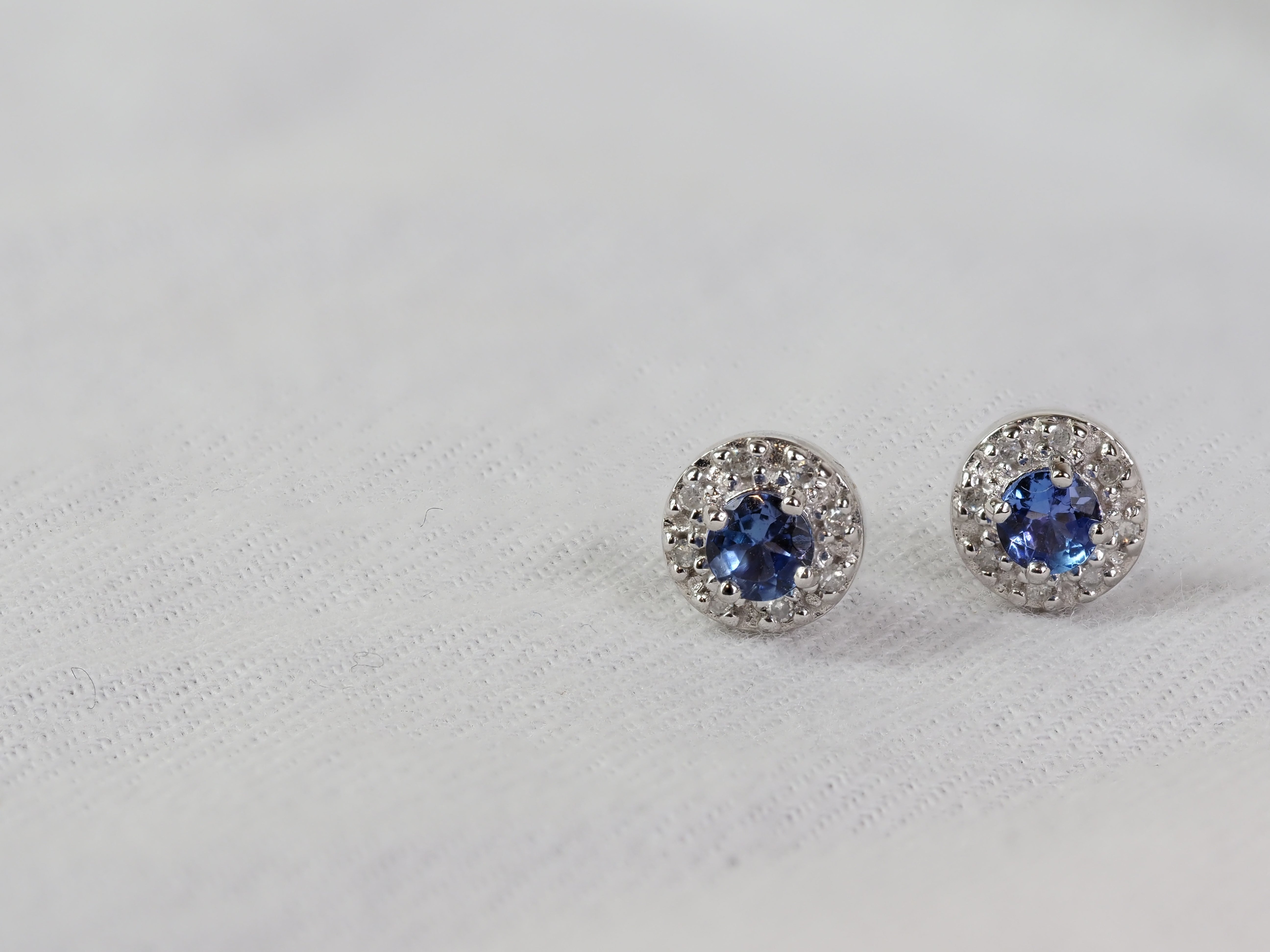 9ct White Gold Tanzanite and Diamond Stud Earrings