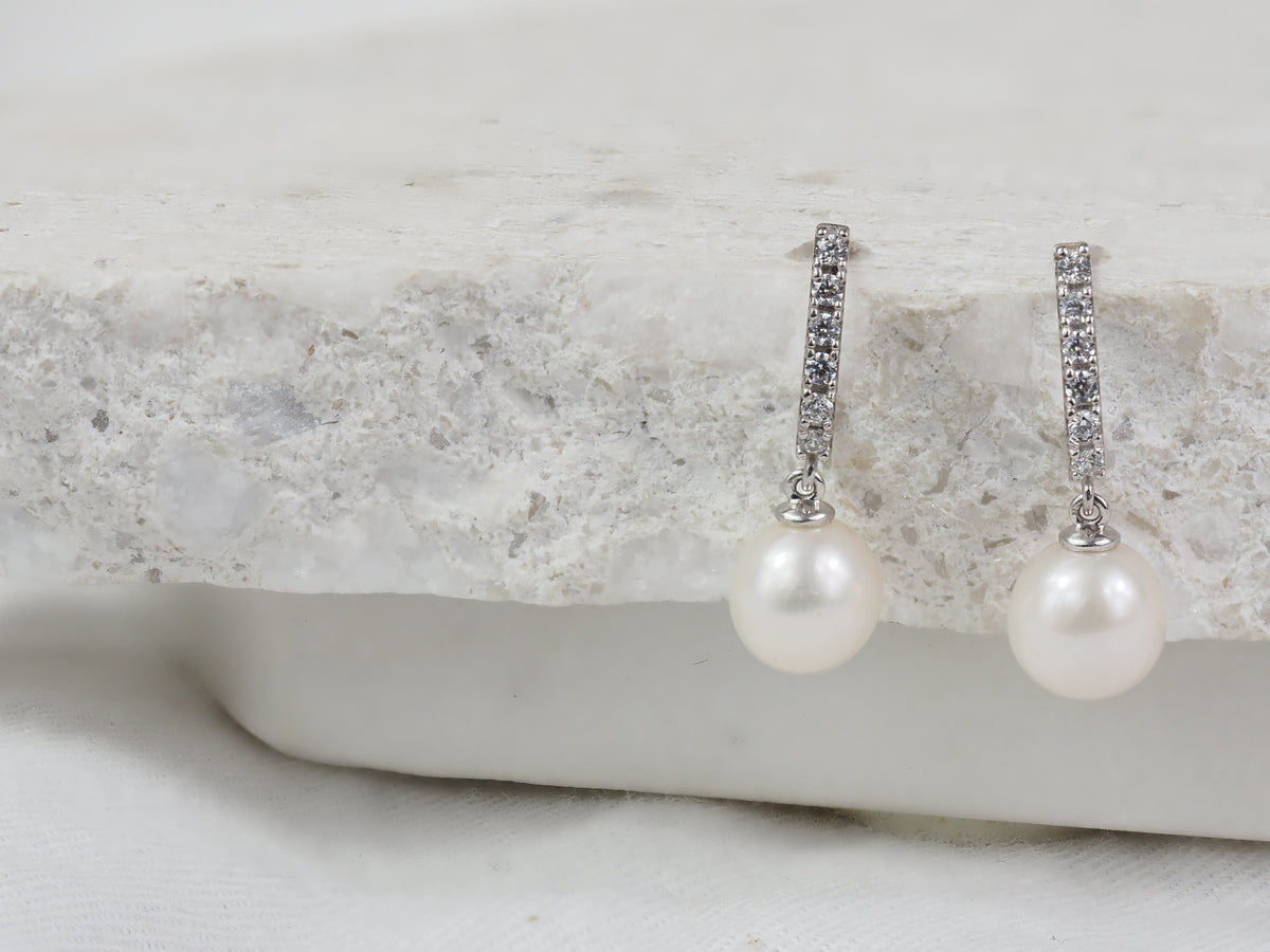 9ct White Gold Pearl and Cubic Zirconia Huggie Stud Earrings