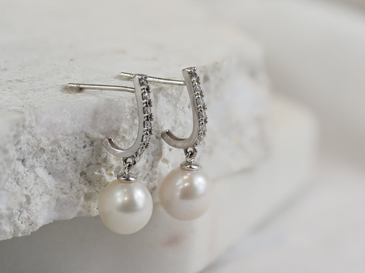 9ct White Gold Pearl and Cubic Zirconia Huggie Stud Earrings