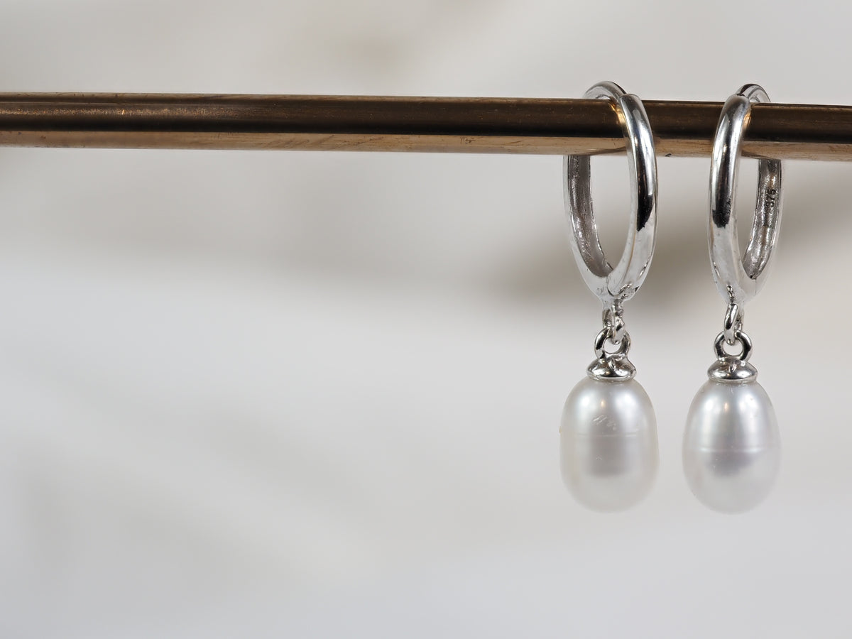 9ct White Gold Pearl Drop Huggie Earrings