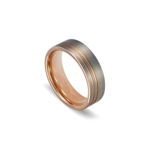 Tungsten Ring with Brushed Finish and Rose Gold Detailing, size 11