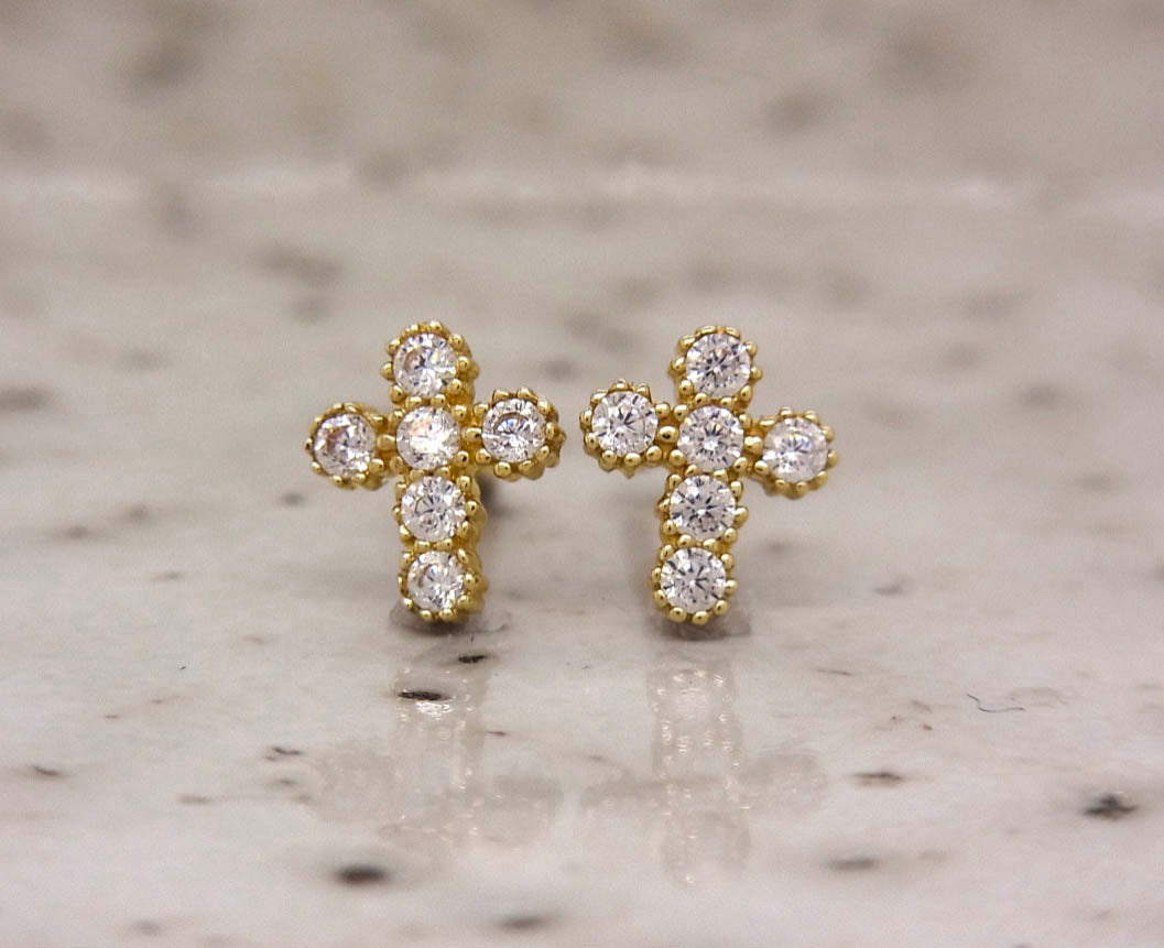 9ct Yellow Gold Mini cross CZ studs