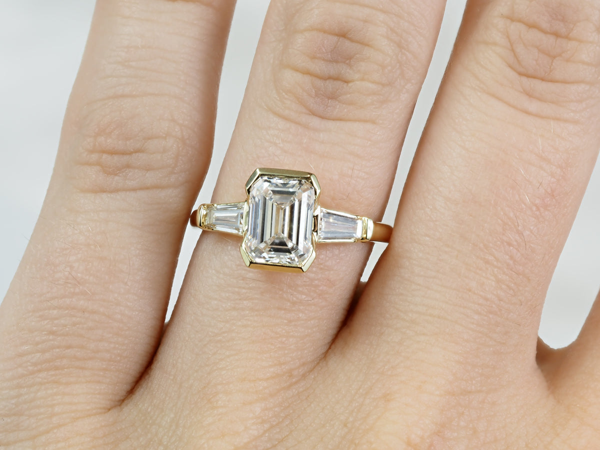 14ct Yellow Gold Emerald and Baguette Lab-Grown Diamond Ring, 2.06ct Centre