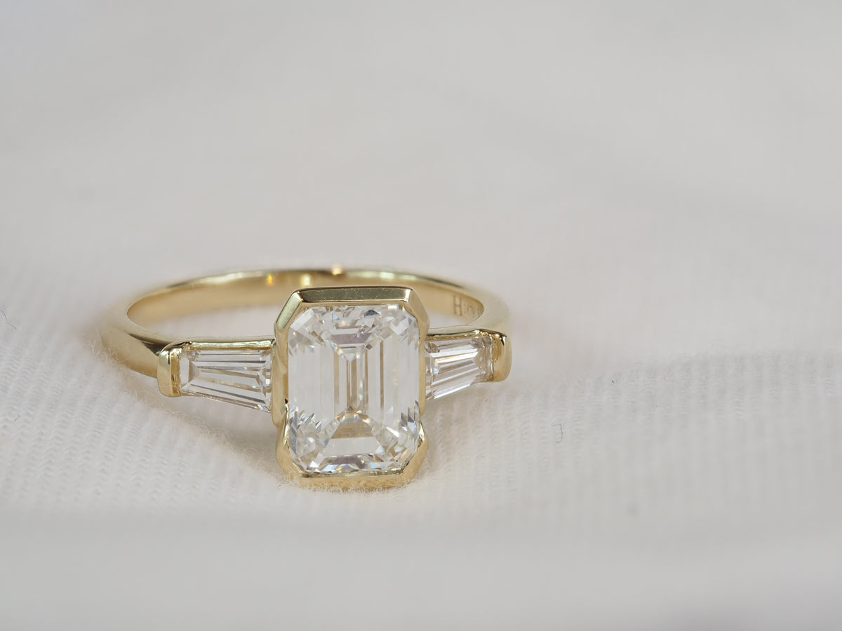 14ct Yellow Gold Emerald and Baguette Lab-Grown Diamond Ring, 2.06ct Centre