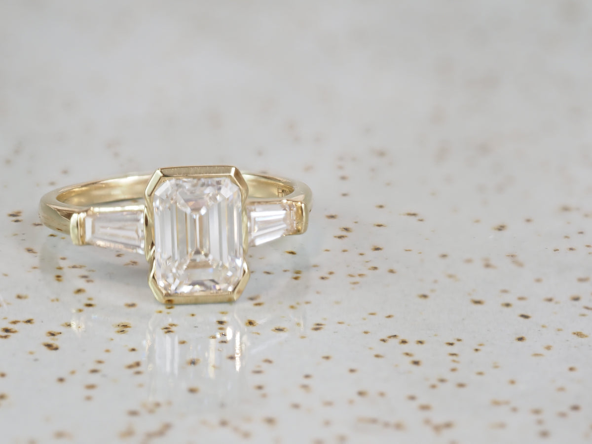 14ct Yellow Gold Emerald and Baguette Lab-Grown Diamond Ring, 2.06ct Centre