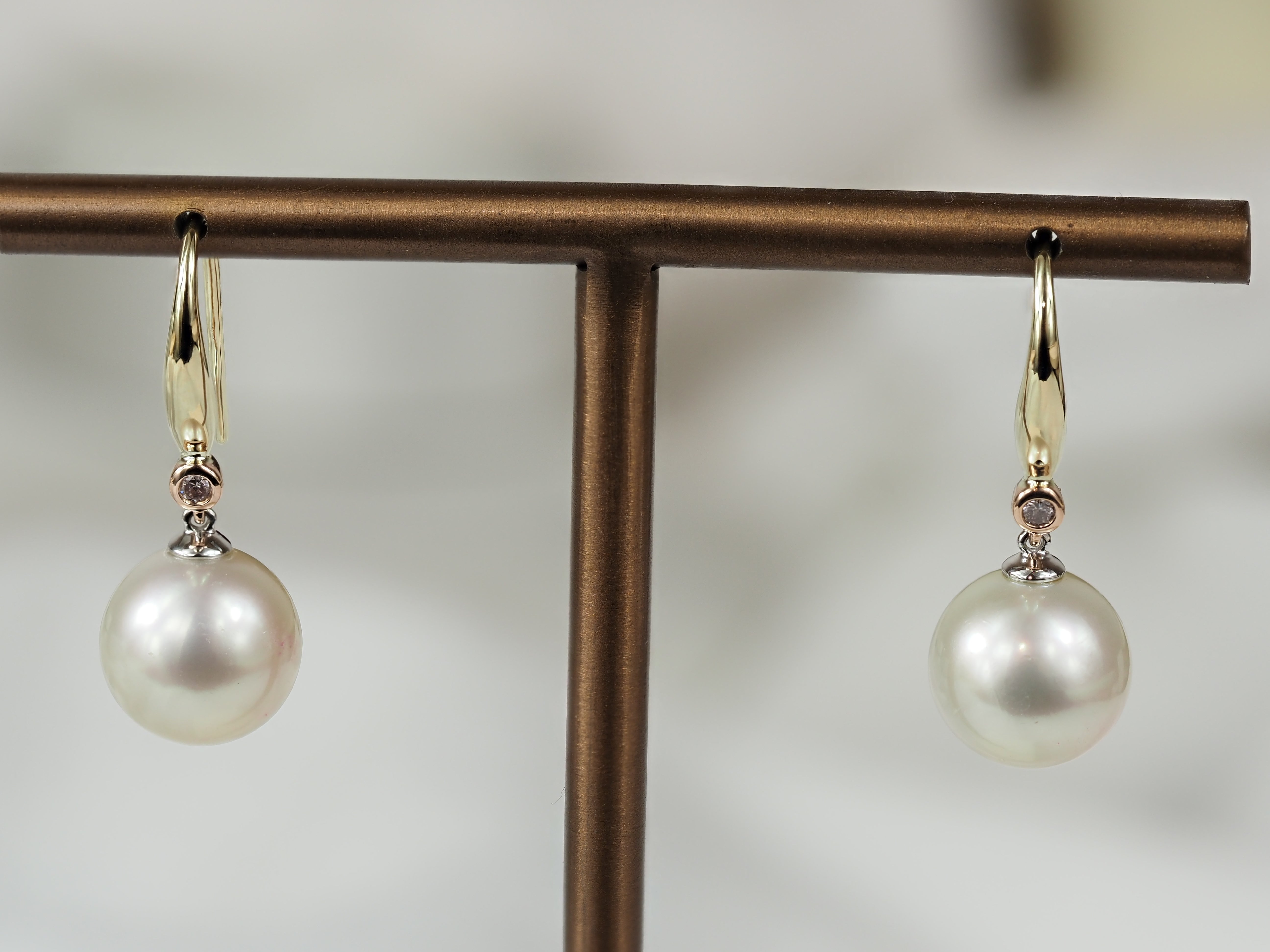 9ct Yellow, Rose and White Gold South-Sea Pearl and 'Pink Caviar' Argyle Diamond Earrings, 10mm