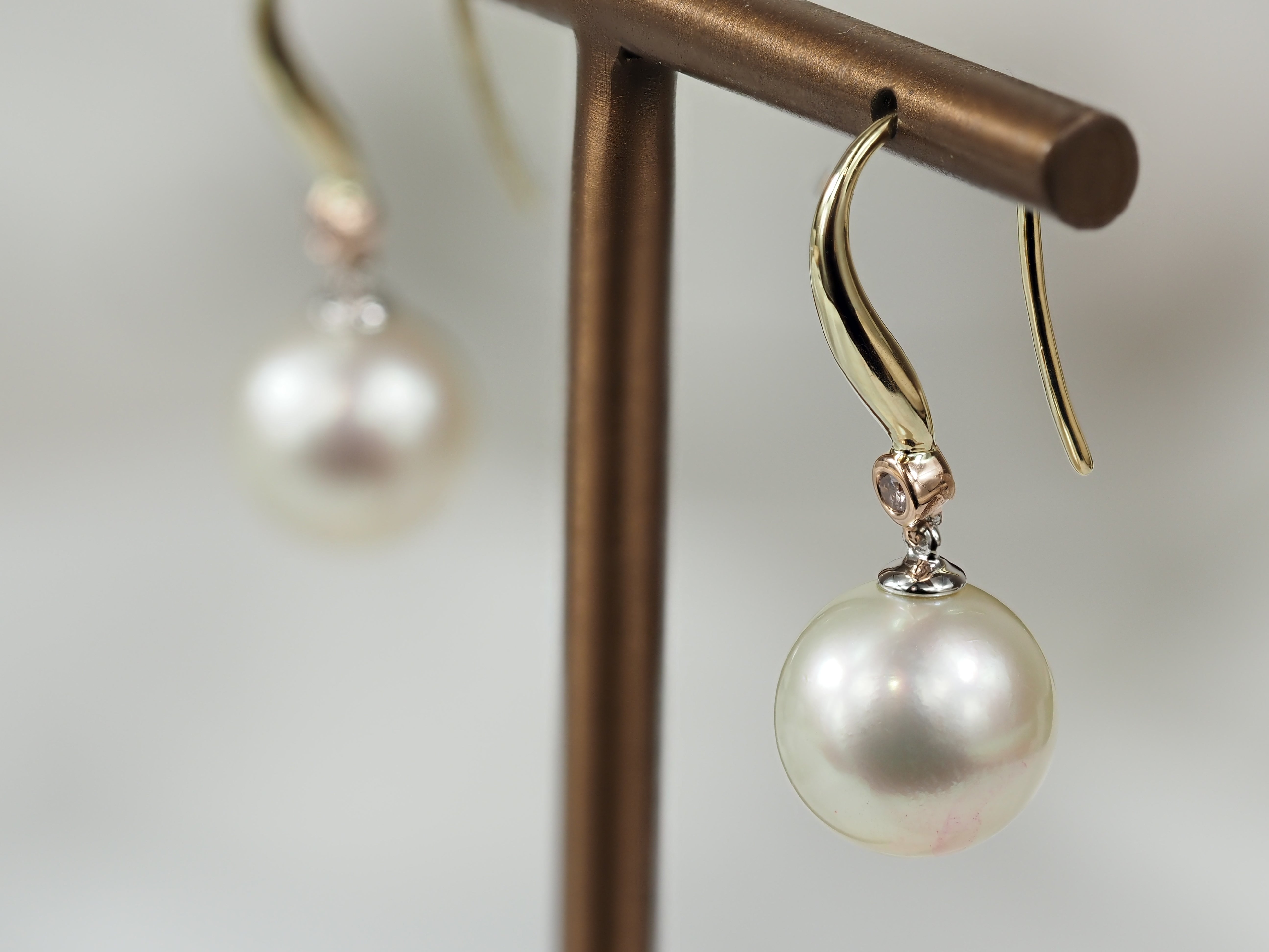 9ct Yellow, Rose and White Gold South-Sea Pearl and 'Pink Caviar' Argyle Diamond Earrings, 10mm