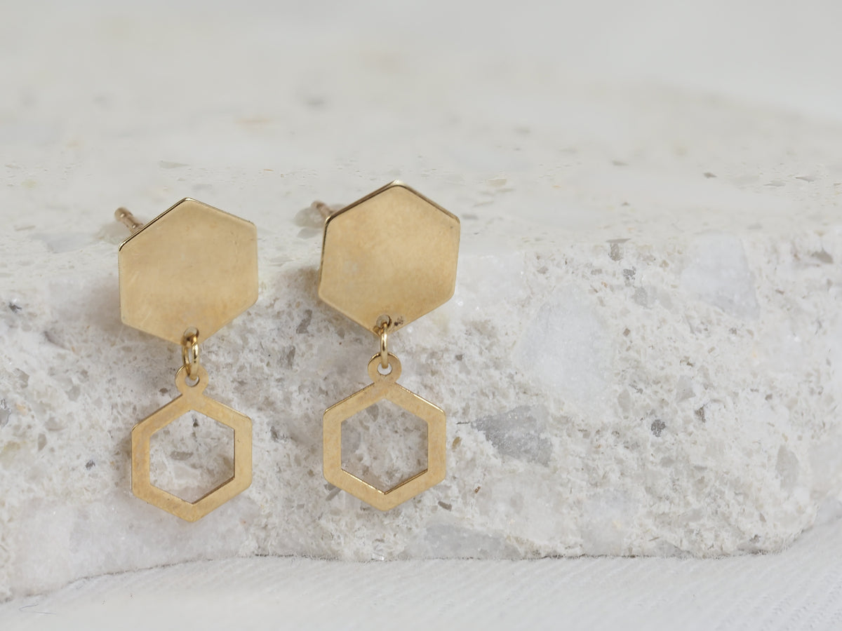 9ct Yellow Gold Flat Hexagon drop studs