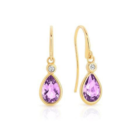 9ct Yellow Gold Amethyst and Cubic Zirconia Shepherd Hook Earrings