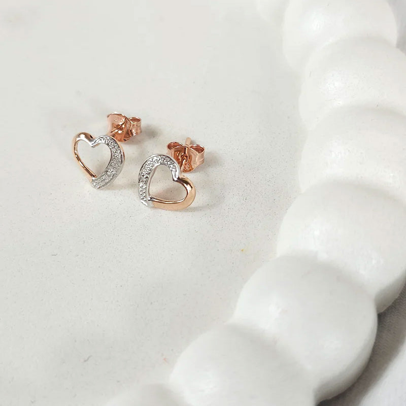 9ct rose gold heart diamond studs