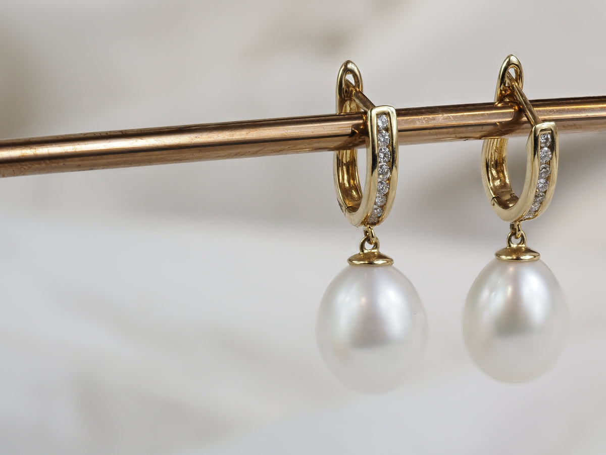 9ct Yellow Gold Fresh Water Pearl and Diamond Huggie Earrings