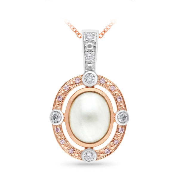 9ct Rose and White 'Pink Caviar' Argyle Diamond and Mabe Pearl enhancer, 0.24cts total.