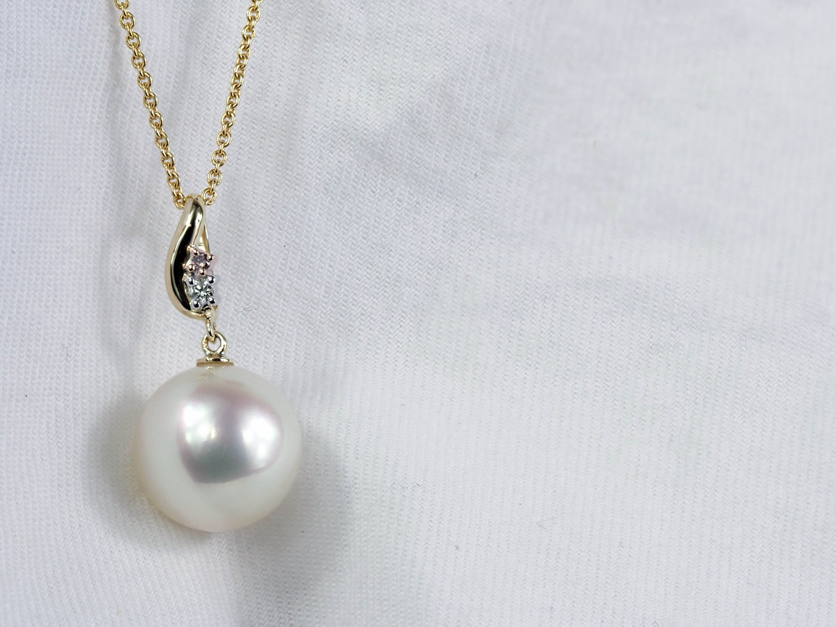 9ct Yellow, Rose and White Gold Pink Diamond and South Sea Pearl Drop Pendant