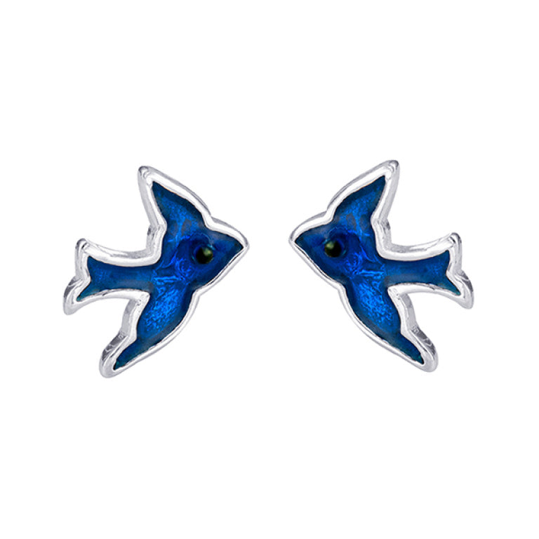 Sterling Silver Enamel Blue Bird Stud Earrings