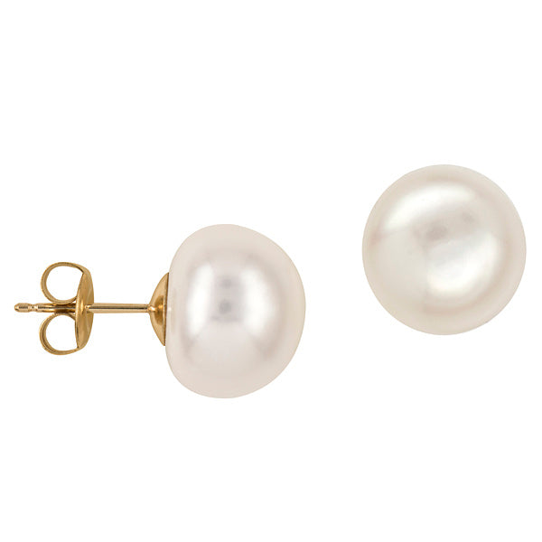 9ct Yellow Gold Button Pearl Stud Earrings, 12mm