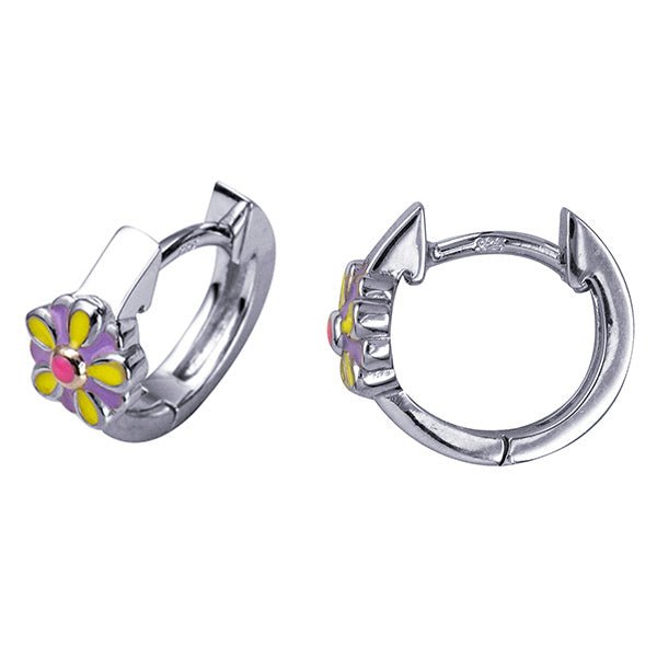 Sterling Silver Enamel Flower Huggie Earrings