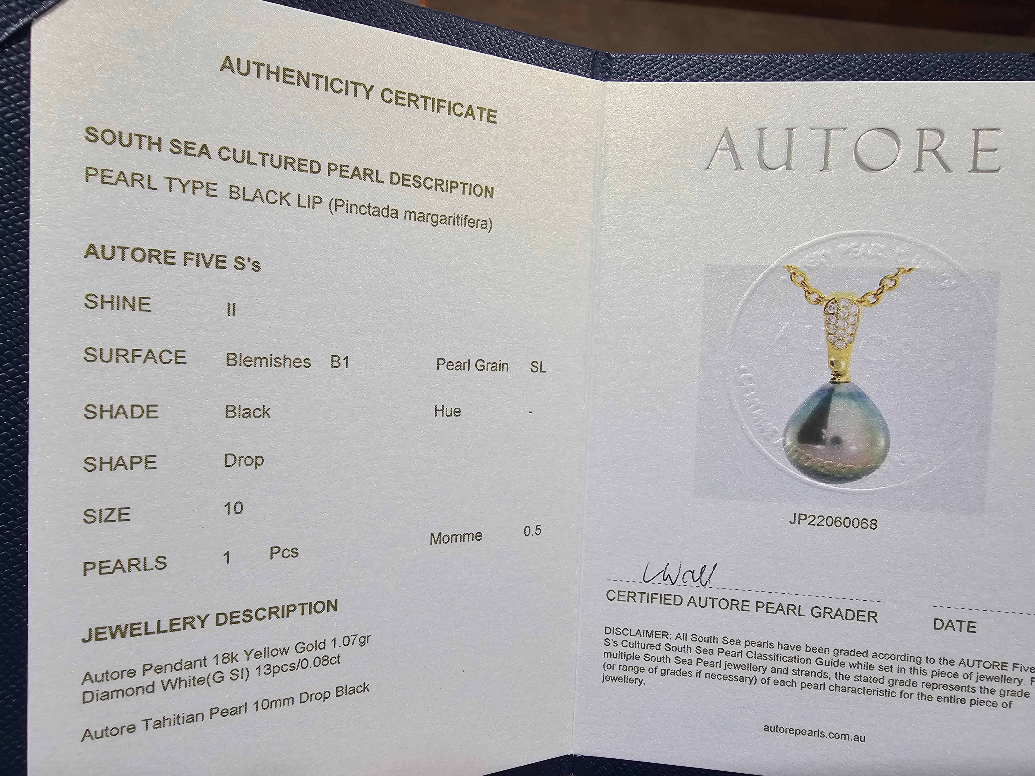Autore 18ct Yellow Gold Tahitian and Diamond Pendant, 10mm