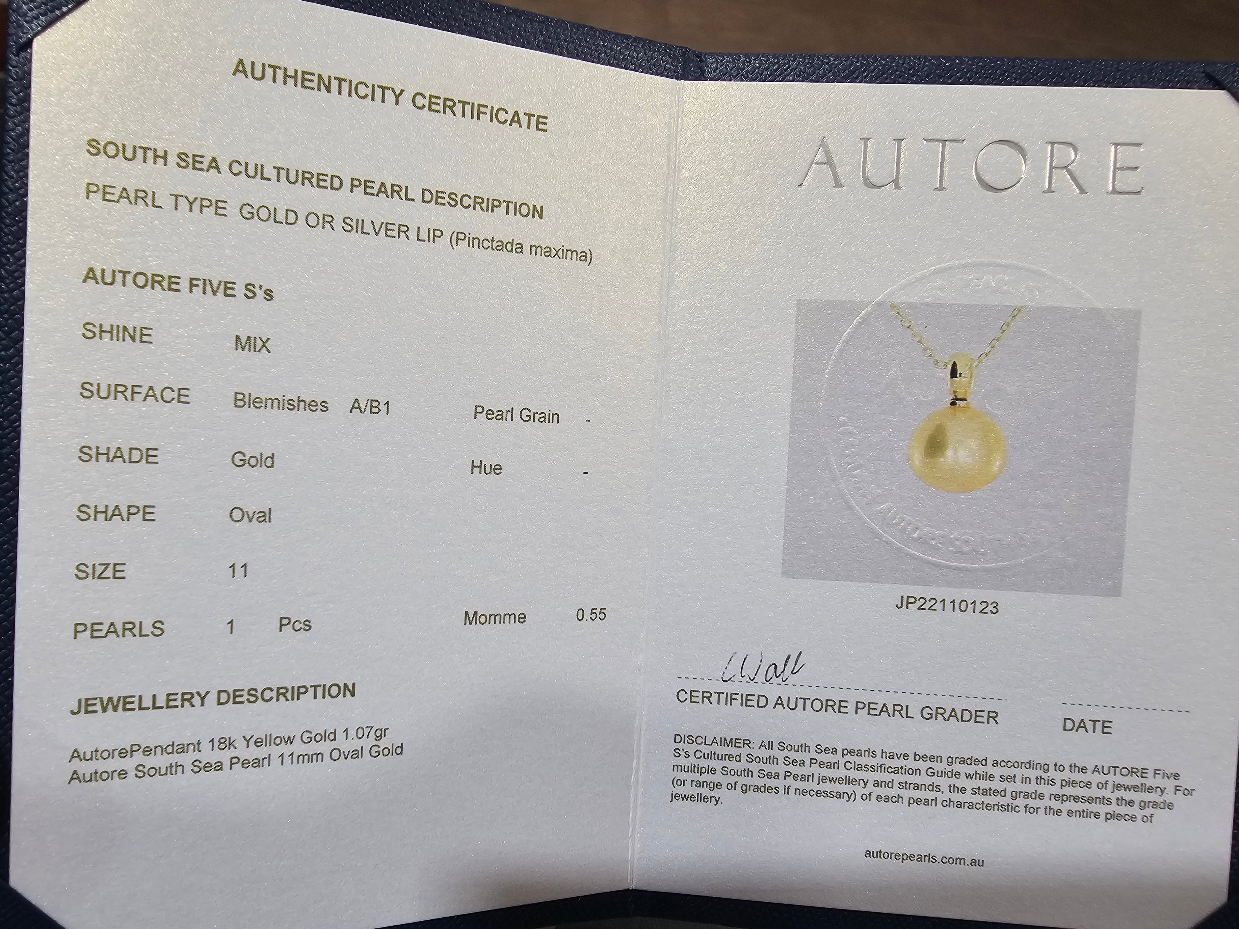 Autore 18ct Yellow Gold South Sea Gold Pearl Pendant, 11mm