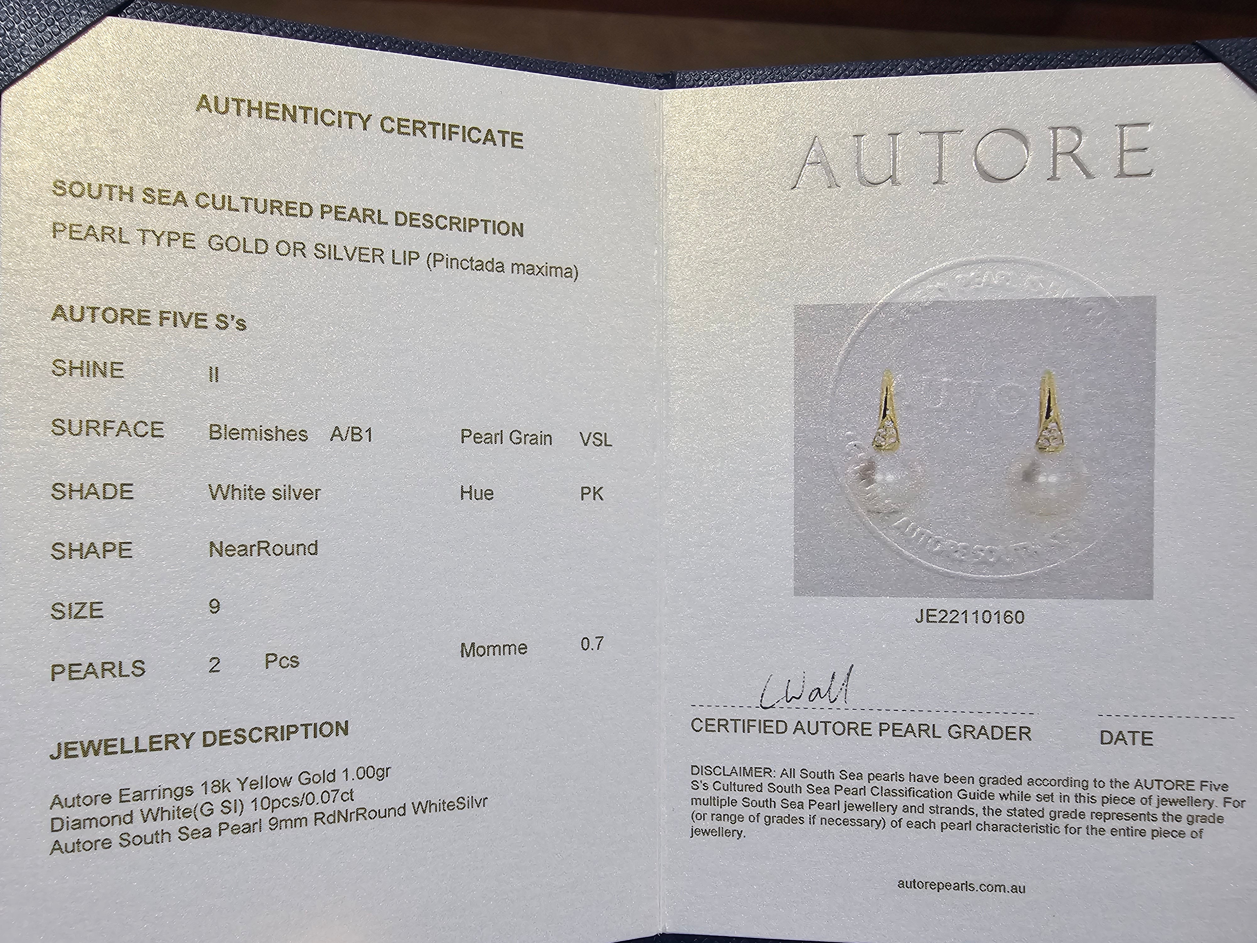 Autore 18ct Yellow Gold South Sea Pearl and Diamond Drop Earrings, 9mm