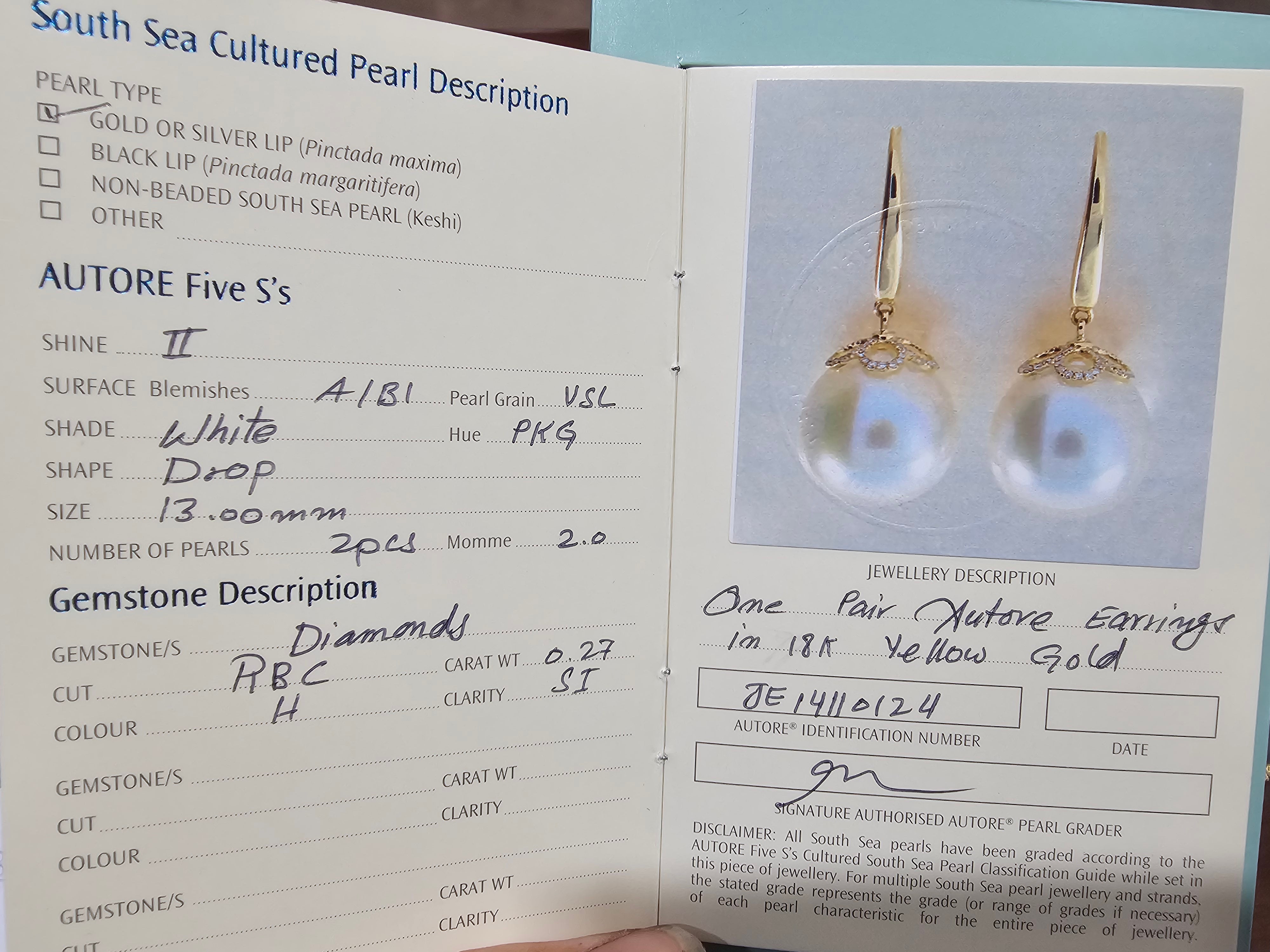 Autore 18ct Yellow Gold South Sea Pearl and Diamond Drop Earrings, 13mm