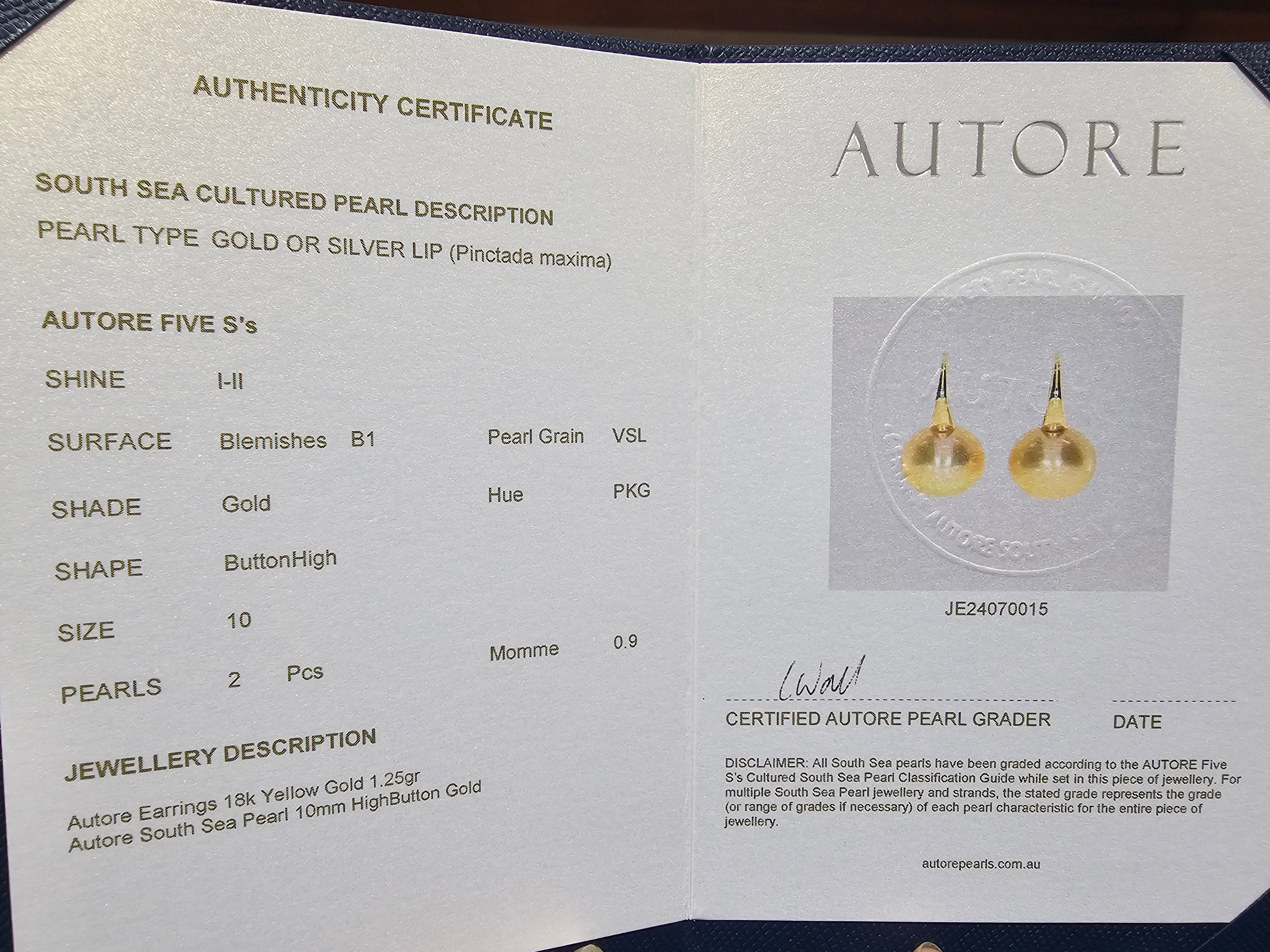 Autore 18ct Yellow Gold South Sea Gold Pearl Drop Earrings, 10mm