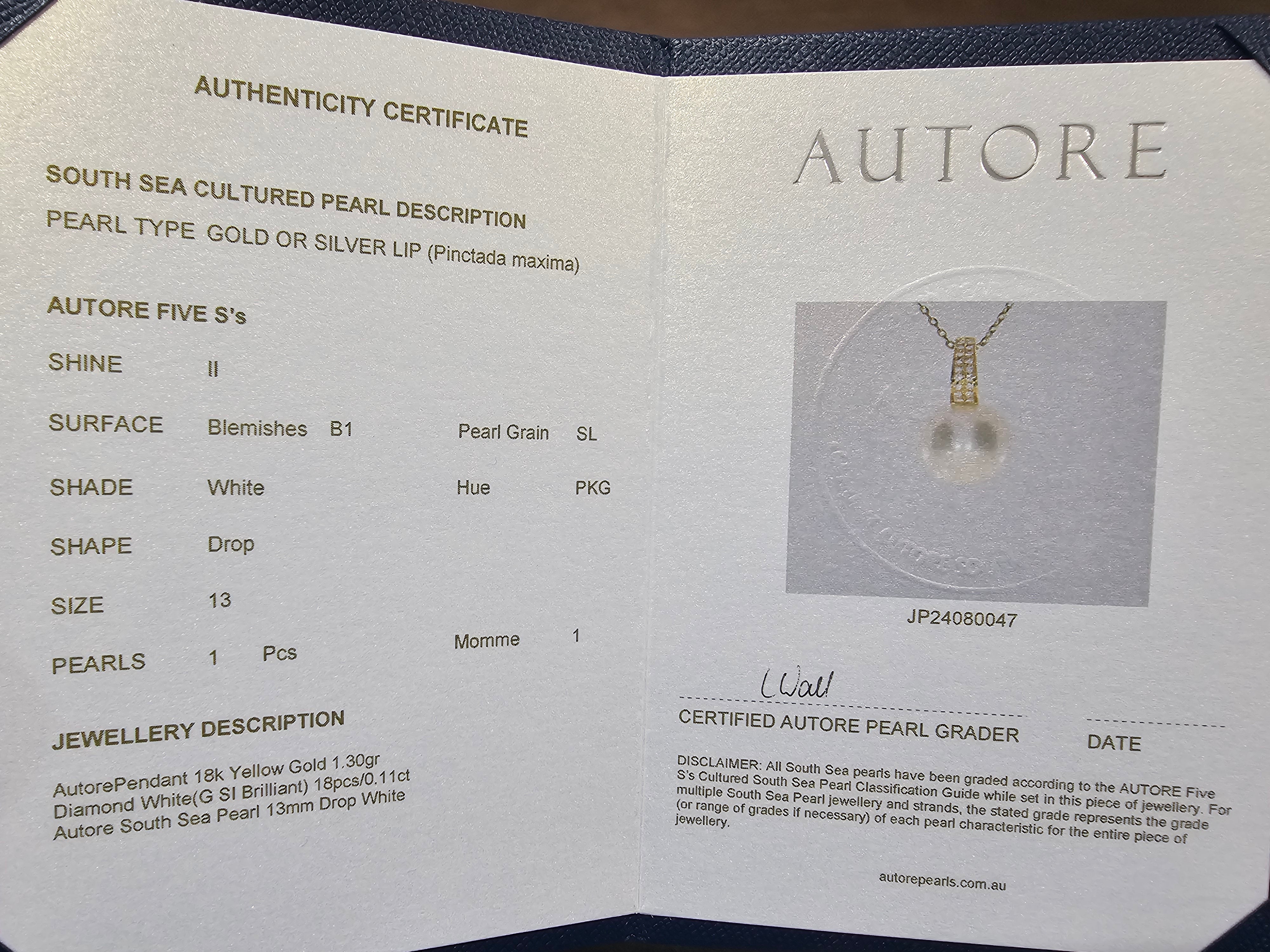 Autore 18ct Yellow Gold South Sea Pearl and Diamond Pendant, 13mm
