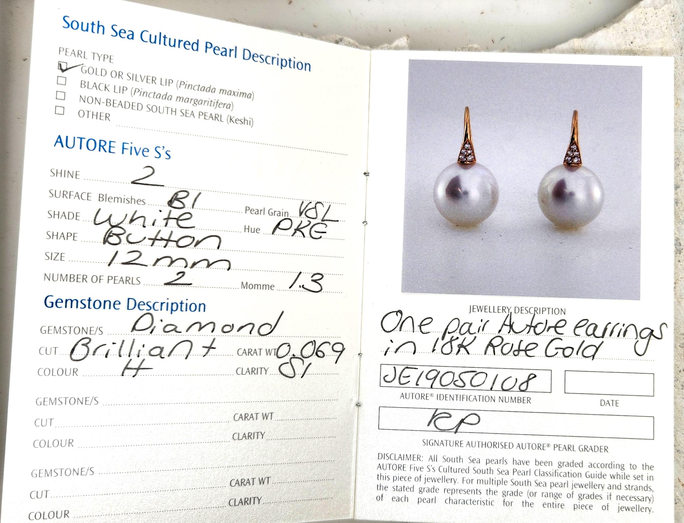 Autore 18ct gold 12mm South Sea button pearl and diamond drop earrings