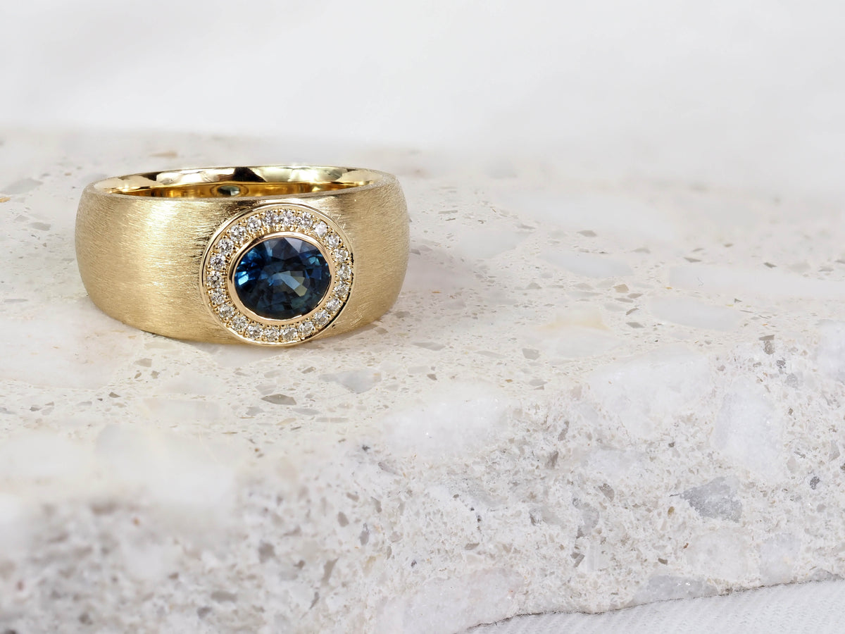 9ct Yellow Gold Australian Sapphire and Diamond Textured Ring, 0.83ct Centre