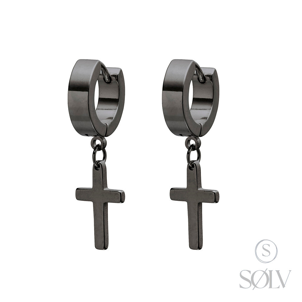Solv Stainless Steel Black Plated Huggie Earrings with Cross