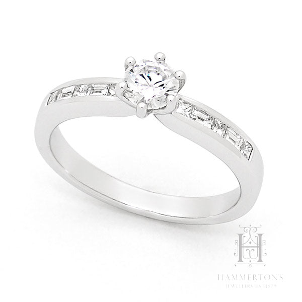 18 Carat White Gold Round Brilliant, Princess and Baguette Cut Diamond Ring, 0.54ct Centre