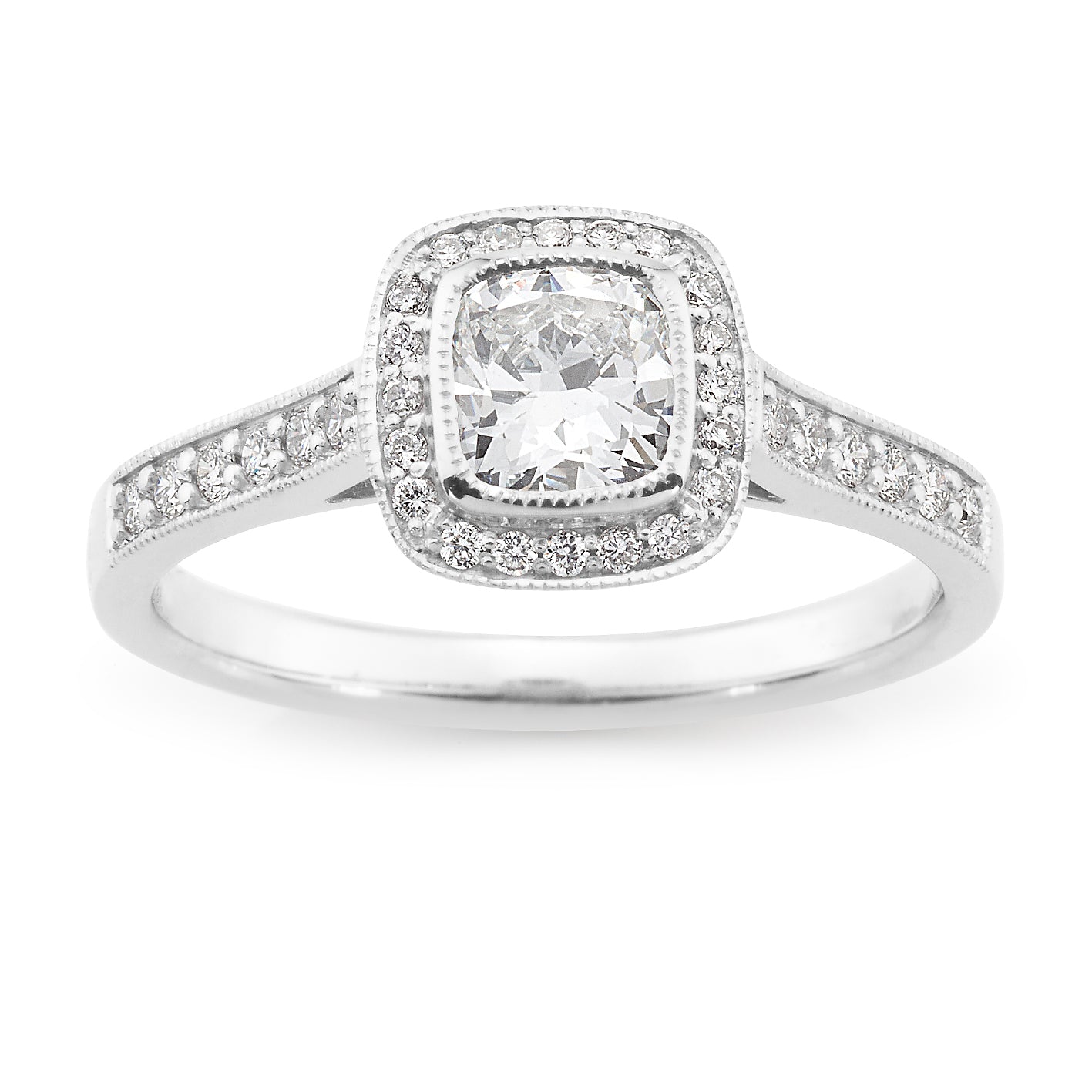 18 Carat White Gold Cushion Halo Engagement Ring, 0.72 carats.