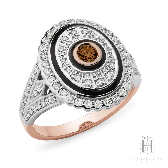 9ct White and Rose Gold Ring with Cognac Diamond & Enamel Detail.