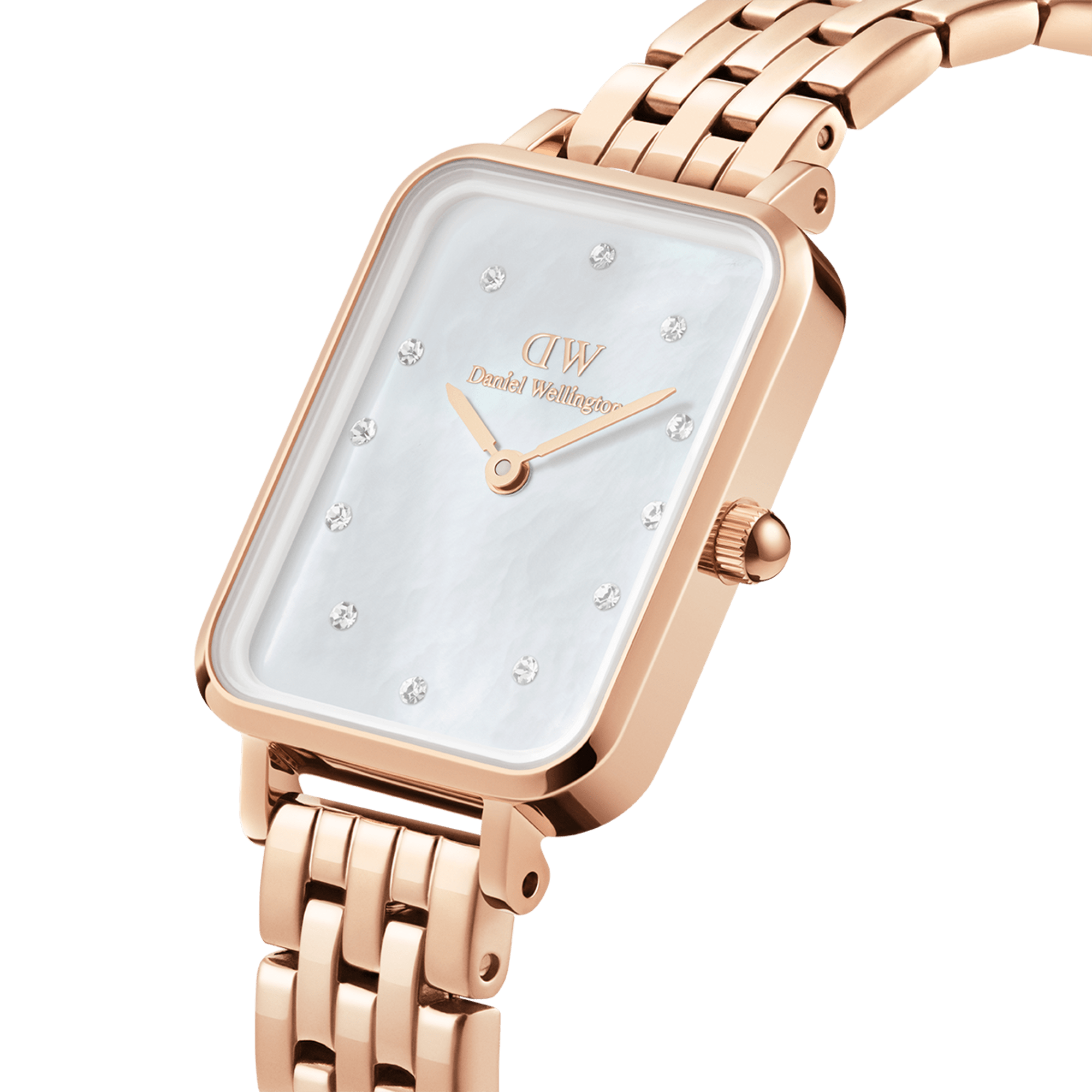 Daniel Wellington Quadro Lumine 20x26 5-Link Rose Gold and Mother of Pearl White Watch