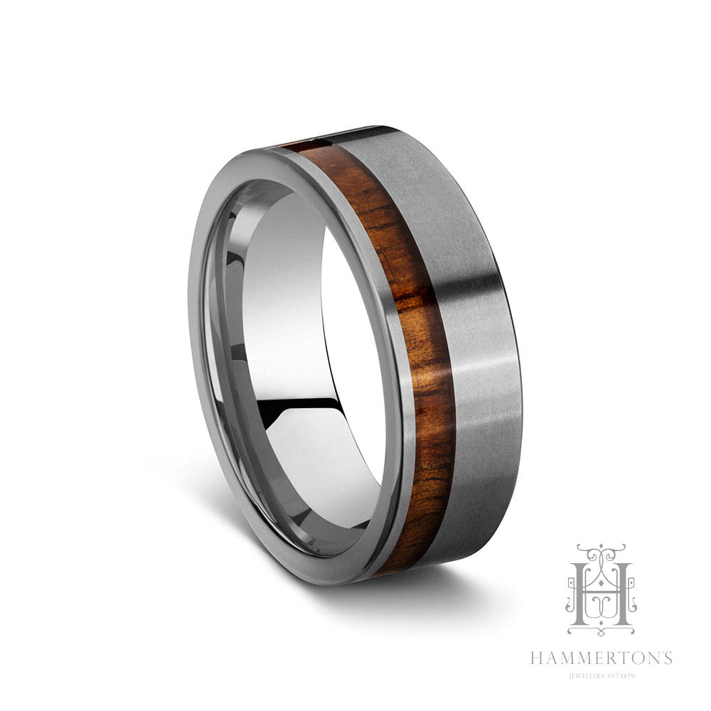 Polished Dark Grey Tungsten Ring with Woodgrain Inlay
