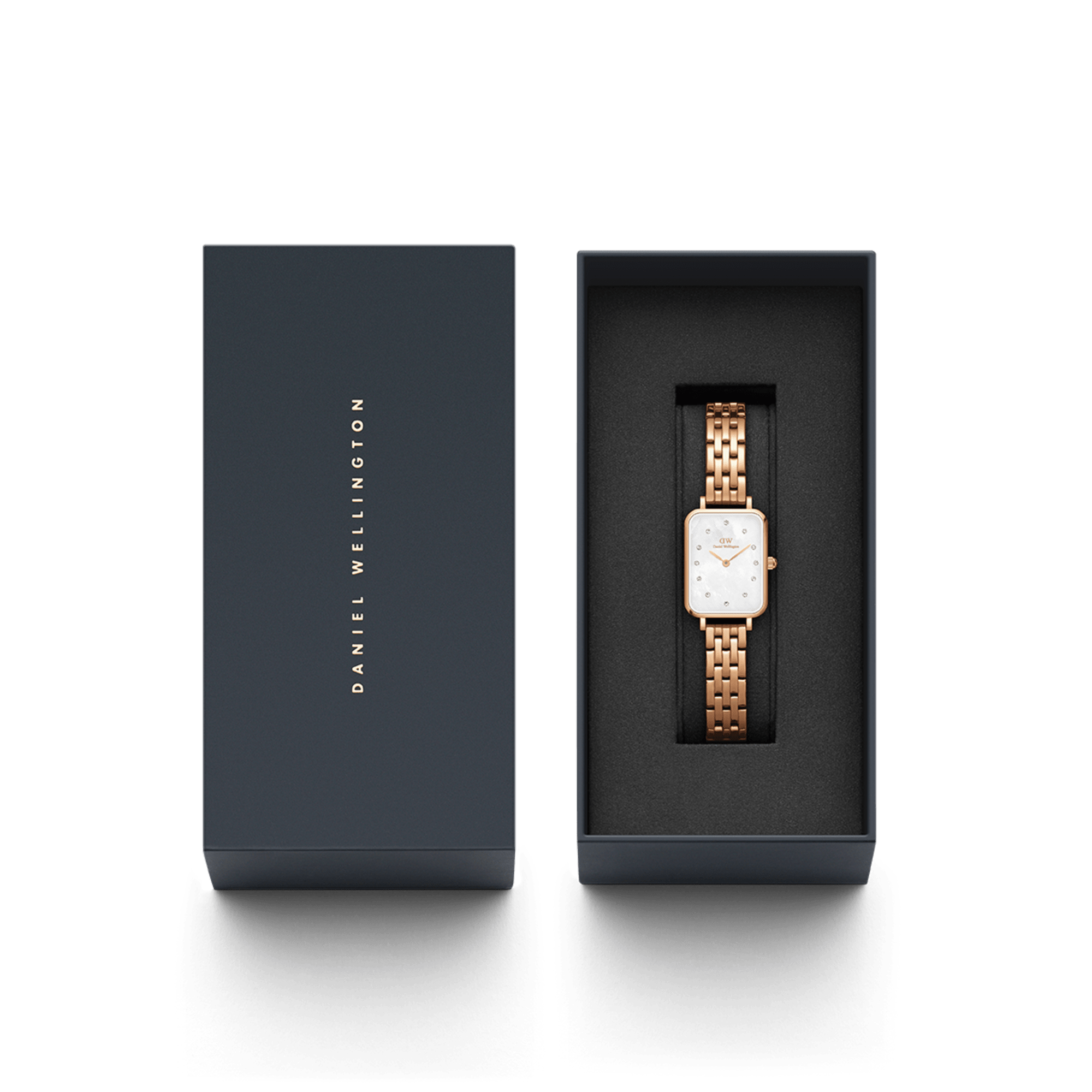 Daniel Wellington Quadro Lumine 20x26 5-Link Rose Gold and Mother of Pearl White Watch