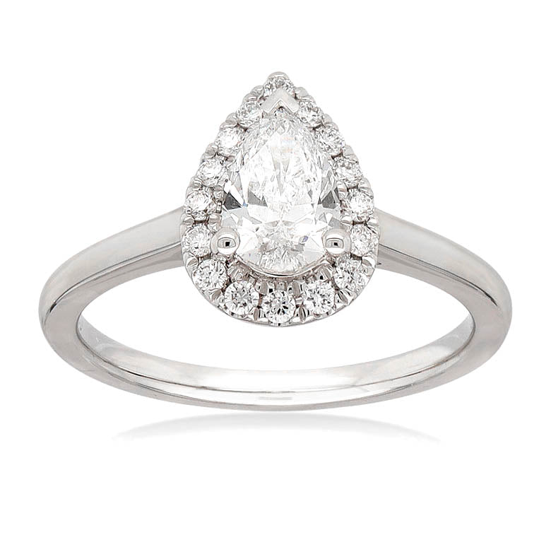18ct White Gold Pear Halo Engagement Ring, 0.53 Carat Centre.