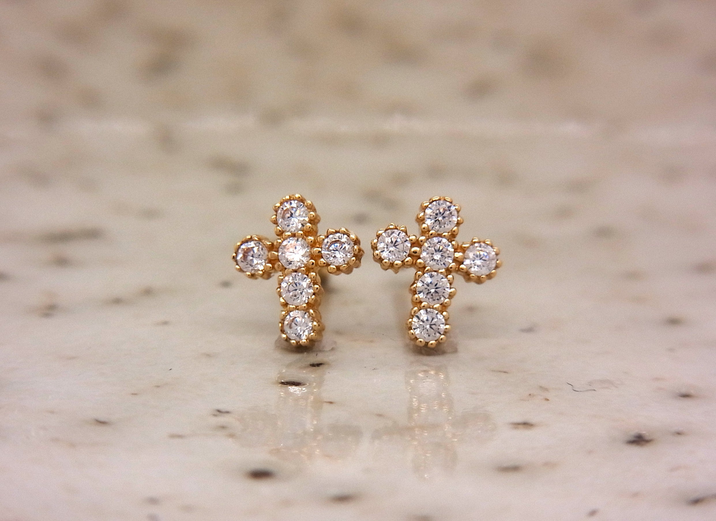 9ct Yellow Gold Mini cross CZ studs