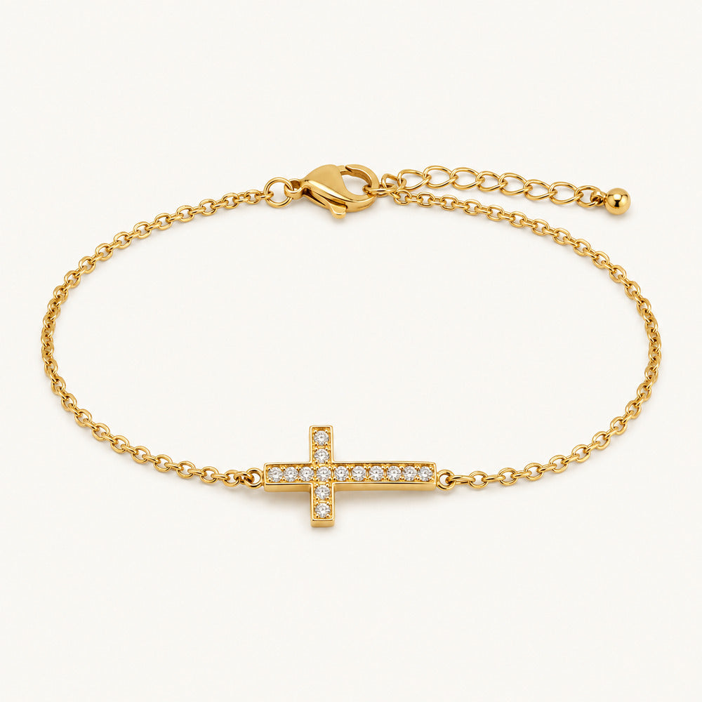 Solv Stainless Steel Gold-Plated Cubic Zirconia Cross Bracelet