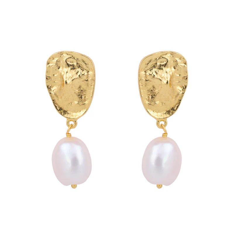 Yellow Gold Plated Pebble Freshwater Baroque Pearl Drop Earrings
