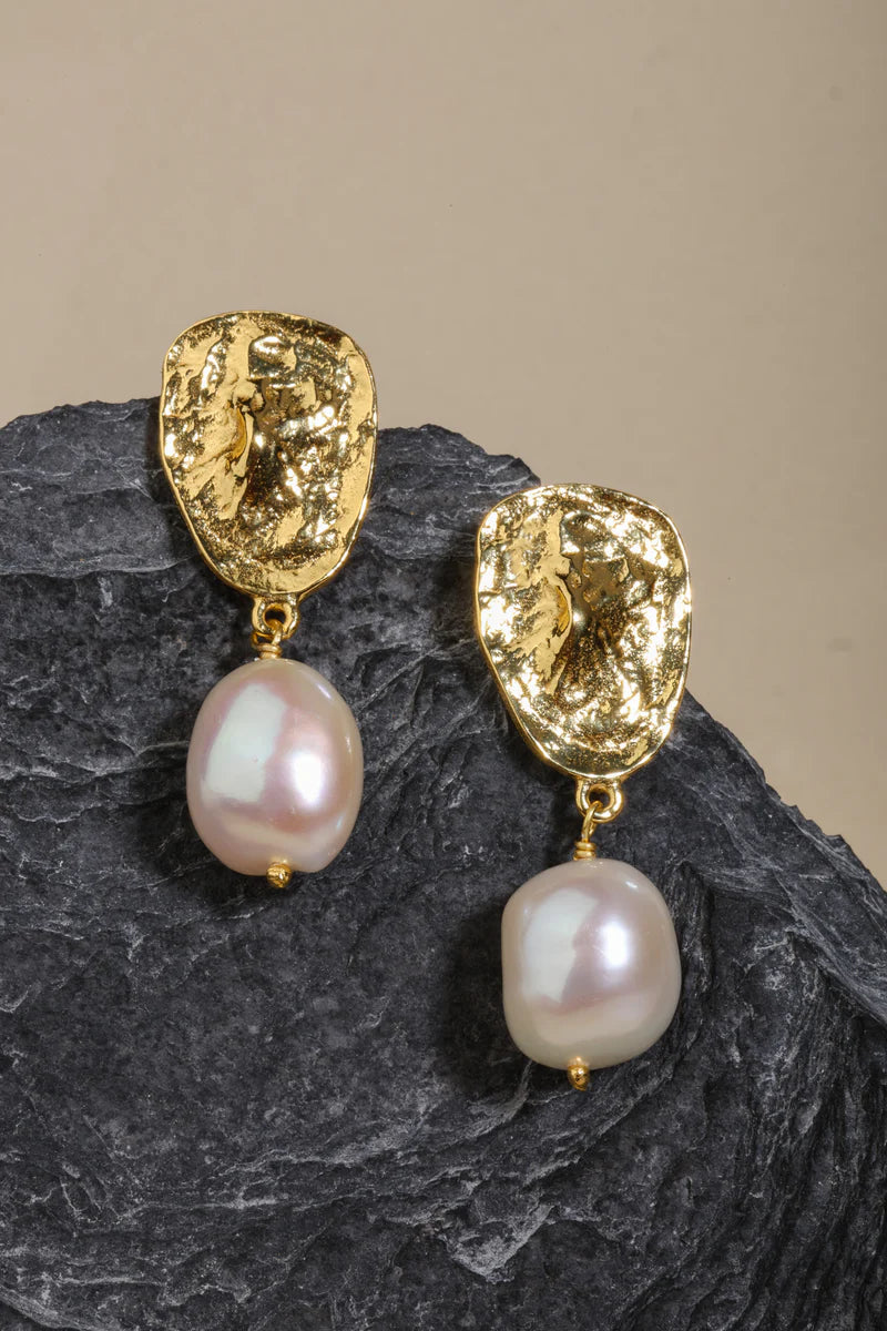 Yellow Gold Plated Pebble Freshwater Baroque Pearl Drop Earrings