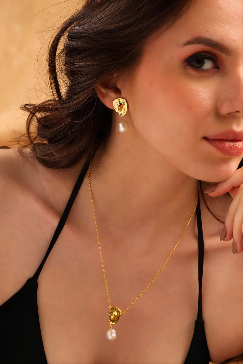 Yellow Gold Plated Pebble Freshwater Baroque Pearl Drop Earrings